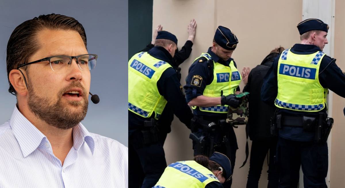 Jimmie Åkesson och poliser som visiterar