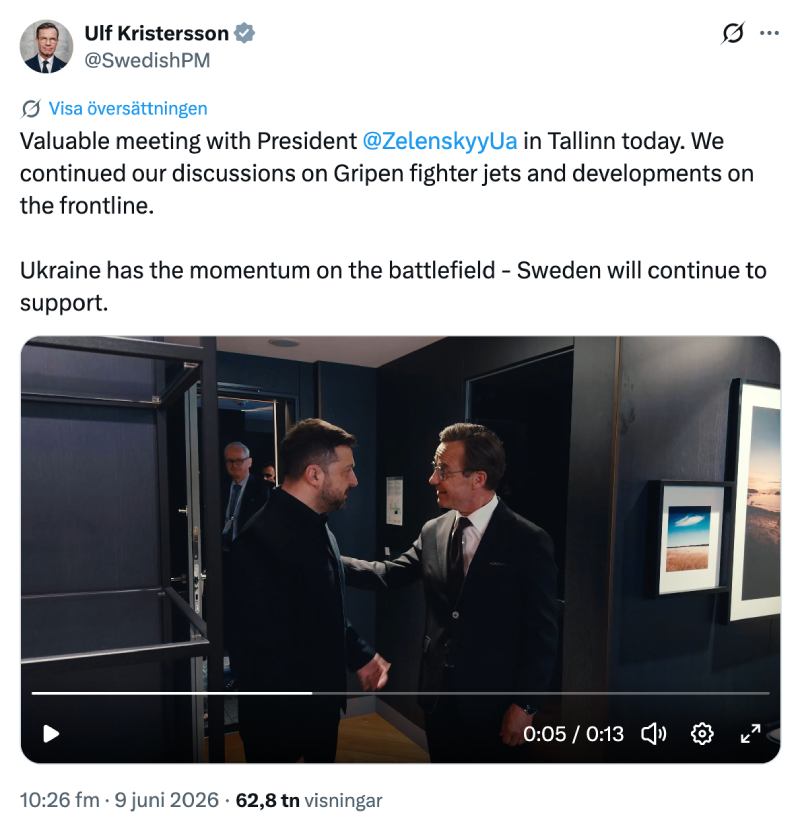 Zelensky och Ulf Kristersson hade ett nytt affärsmöte 9 juni 2026 om försäljning av Gripen till Ukraina | Skärmdump från Kristersson på X
